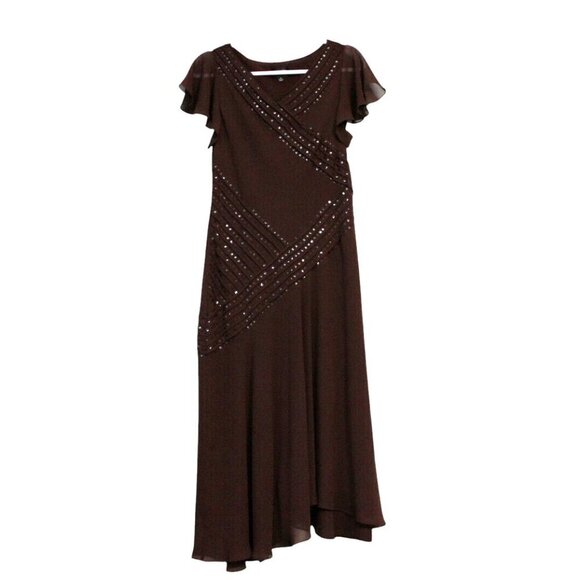 Adrianna Papell Dress 8 Asymmetrical Y2K Sequin Flutter Sleeve Slinky Formal - Picture 1 of 15